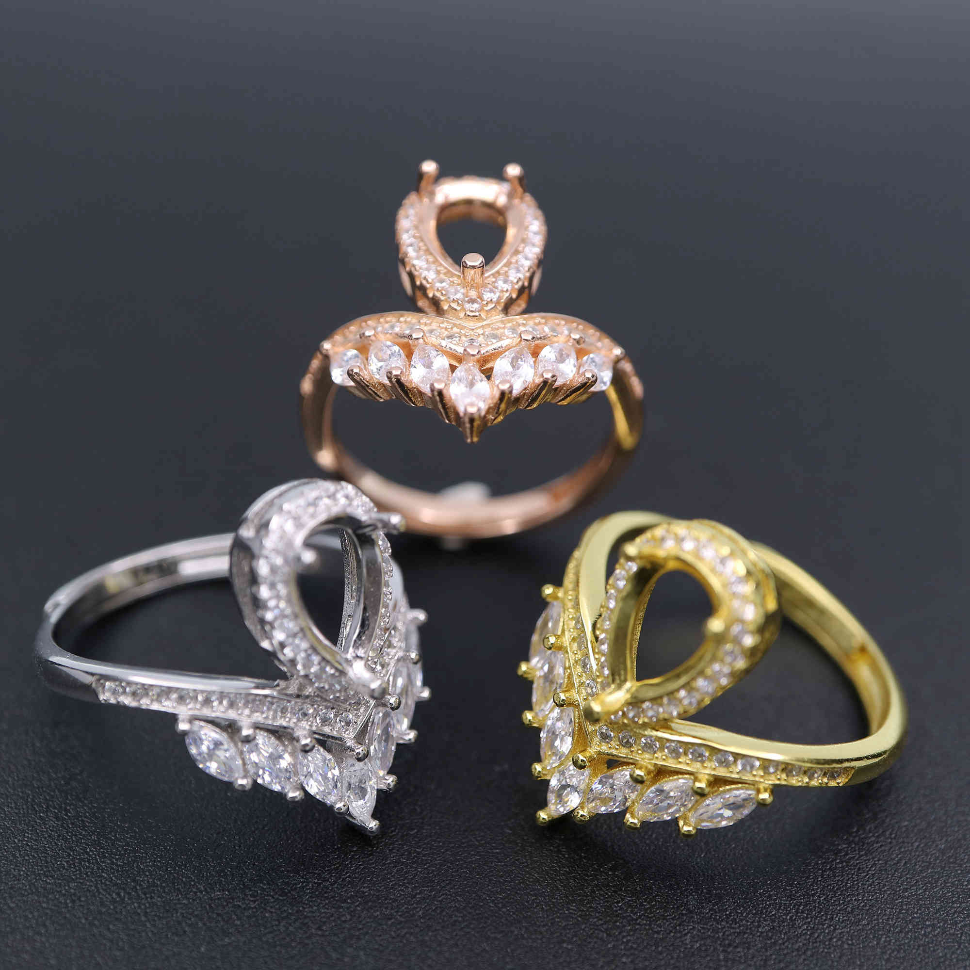 1Pcs 6X8MM Pear Bezel Pave Shank Crown Rose Gold Plated Solid Sterling Silver Adjustable Ring Settings For DIY Gems Moissanite Stone 1294154 - Click Image to Close